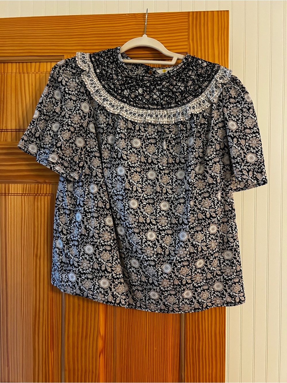 Boden Black and Cream Floral Short Sleeve Blouse